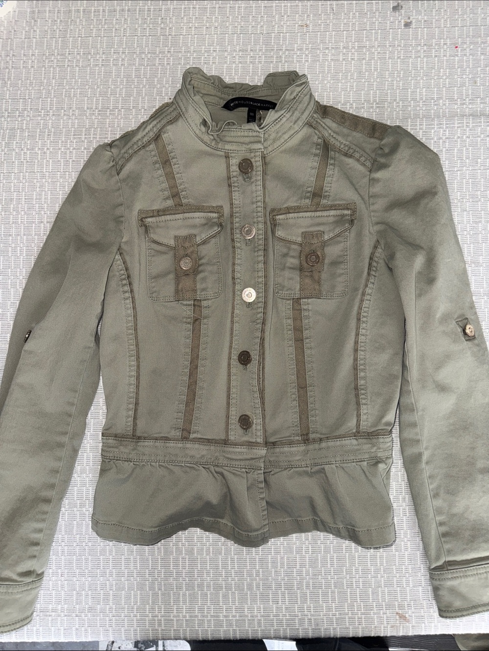 White House Black Market Olive Utility Jacket with Contrast Trim